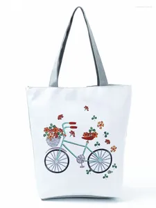 Tas dames bloemen linnen tote casual cartoon kleine fiets geprinte handtas reizen draagbaar winkelen hoge capaciteit eco herbruikbaar