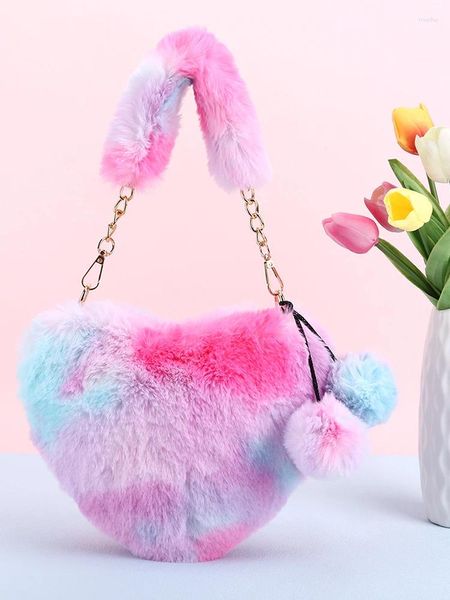 Sac à bandoulière en peluche pour femmes, sac Hobo en forme de cœur, pochette de téléphone moelleuse, dégradé de couleur, peluche sous les bras, pour les déplacements d'hiver