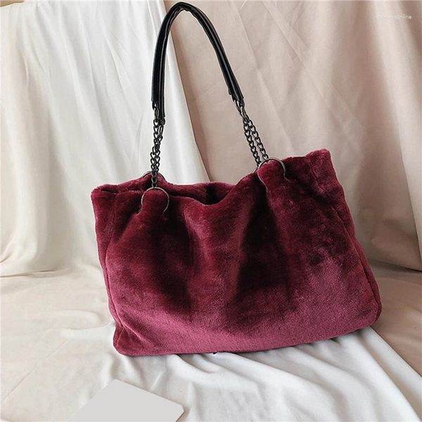 Sac à main en peluche pour femmes, sacs à bandoulière décontractés pour dames, fourre-tout avec chaîne de mode, fournitures de Shopping de grande capacité, voyage d'hiver