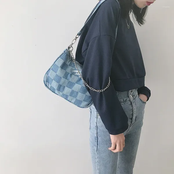 Bolso pequeño para mujer, bolso de hombro a cuadros azul, bolso de lona con cadena para axilas, bolso de tela de algodón de media luna vaquera para mujer