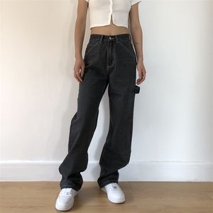 Flodderige jeans voor vrouwen losse hoge taille vriendje mom jeans grote zakken zwarte rechte denim broek mode 210302