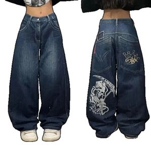 Baggy jeans dames y2k jeans grote zakken death scythe print patroon losse jeans retro blauwe jeans voor vrouwen en mannen wijd been broek 240429