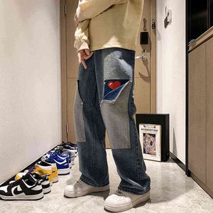 Baggy Jeans Y2K Hommes Stacked Wide Cargo Pants Streetwear Coeur Imprimer Patch Jambe Droite Denim Pantalon Femmes Oversize Casual 3xl T220803