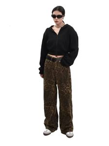 Baggy luipaardprint y2k jeans dames hoge taille casual wide been denim broek mode streetwear retro recht 240423