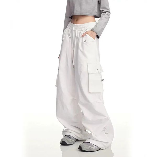 Pantalons de fret de parachute blanc baggy Y2K High Taist Shirring Tlans Match BF BF Corée surdimensionné Hip Hop Streetwear Joggers 240506