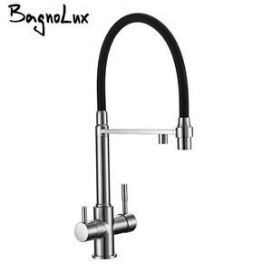 Bagnolux Geborsteld Nikkel Messing Sink Black Slang Mount Trek Dubbele Sproeier Nozzle Mixer Water Taps Keukenkraan 210724