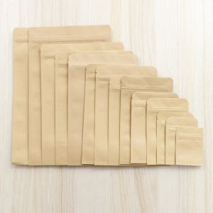 Sacs 100pcs / lot Brown Kraft Paper Zipper Sacs-cadeaux Sacs en aluminium Sacs d'emballage aliment