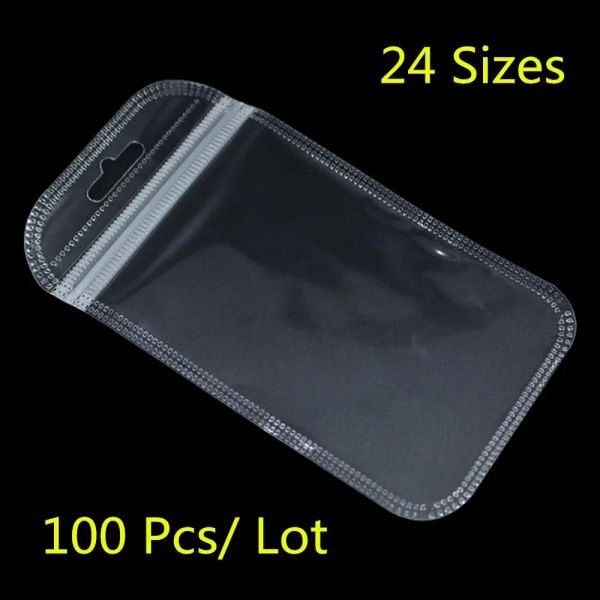Bolsas 100pcs/ lote bolsas de cremallera de plástico transparente para accesorios electrónicos almacenamiento cierre de cremallera con bolsas de comestibles resellables bolsas para colgar agujeros