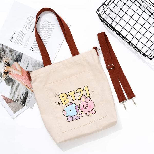 Sacs 2022 BT21 Canvas Handbag Baby Kpop Girls Sac à épaule Big Space Sac de voyage en plein air