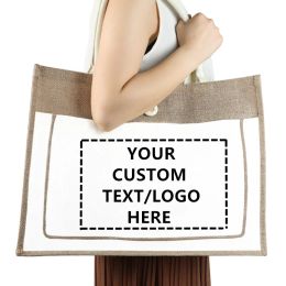Tassen 2023 Logo afdrukken Aangepaste schoudertassen voor vrouwen Hoogwaardige jute en katoenen strandhandtassen Gepersonaliseerde boodschappentas