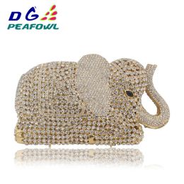 Sacs 3d Elephant Shape Gold Crystal Women Women Evening Handbag and Purse Metal Wedding Prom Minaudere Claking Sac Animal fait à la main