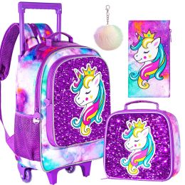 Bolsas 3pcs mochila rodante para niñas niños ruedas de ruedas de ruedas con bolsa de almuerzo para dormir un diseño de patrón de unicornio glowinthedark funct