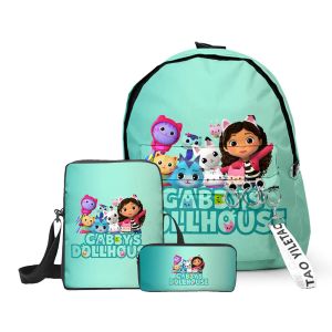 Sacs 3pcs / set anime caricot animé gabby's Dollhouse sac à dos garçons filles primaires élèves du collège sac d'ordinateur portable sac à bandoulière