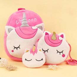 Bolsas 3pcs/set mochila infantil de felpa suave para niños bolsas escolares de dibujos animados de unicornio chicas mini bolso de mano de jardín de niños bolsos
