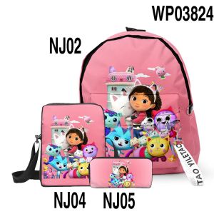 Sacs 3PCS / Set Gabbys Dollhouse Cartoon Sacs Sacs Backpacks Sacolbag à main Box crayon pour enfants