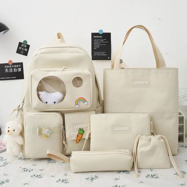 Bolsas de 5 piezas Juego de mochila coreana para mujeres Nuevas bolsas de escuela de secundaria para niñas para niñas de alta capacidad Pack mochila Escolar