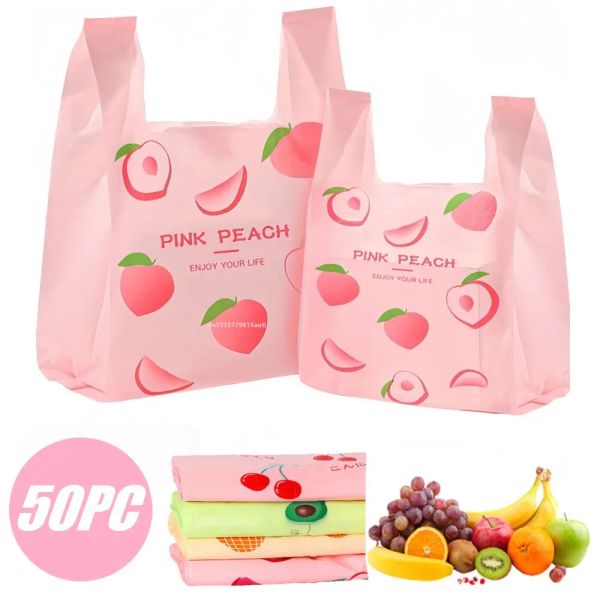 Sacs 50pcs Sac en plastique de fruits mignons avec poignée Sac à provisions d'épicerie de supermarché sacs d'emballage alimentaire réutilisable