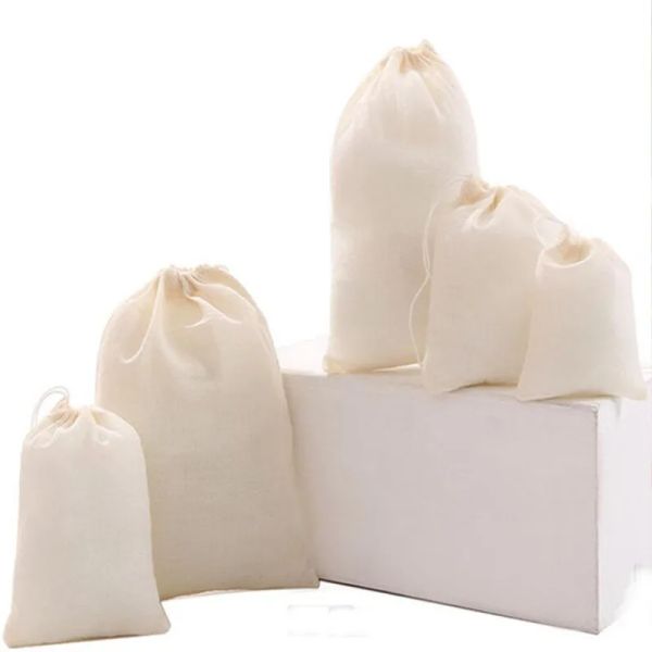 Sacs 50pcs / lot Sacs scories en coton Natural Sacs à cordon Sac de gaze pour le rangement de thermage de fleurs séchées Sacs Organisateur de rangement Logo personnalisé