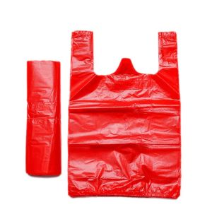Tassen 50 stks rode plastic zak supermarkt supermarkt cadeau boodschappentas dikker met handgreep Vestzak keuken opbergmanden