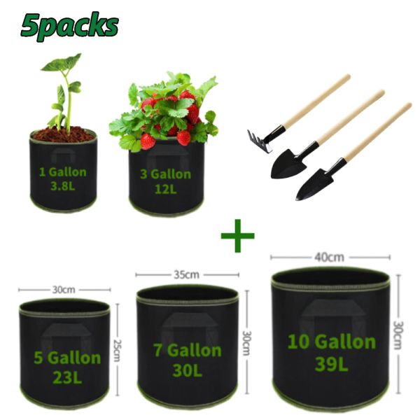 Sacs 5 pièces sacs de culture en feutre jardinage tissu Pot de culture légumes tomate fraise culture planteur Pot de plante avec ensemble d'outils de pelle de jardin