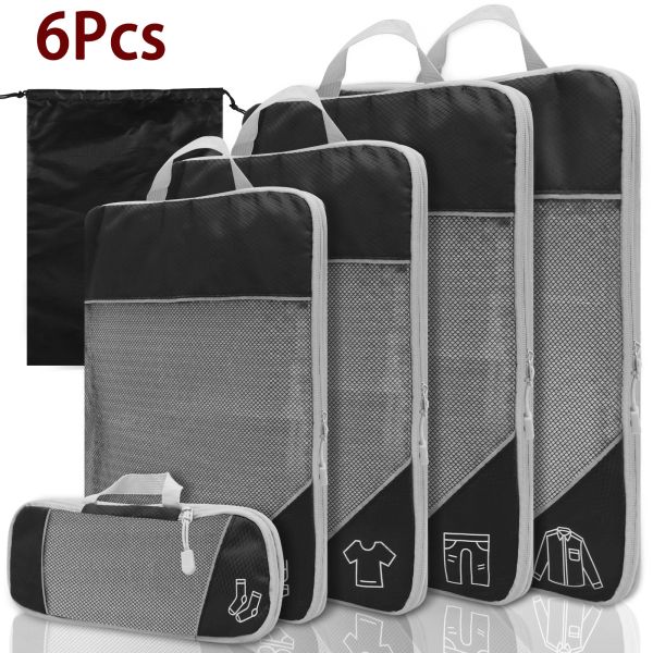 Sacs 6pcs set sac de voyage Cubes d'emballage de compression Léger durable avec sac de rangement en nylon bagages de valise Organisateur