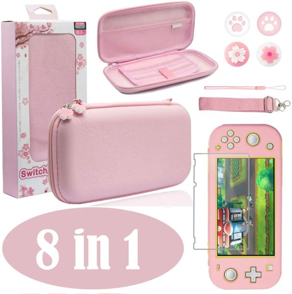 Sacs 8 en 1 rose étui de transport Kit d'accessoires pour Nintendo Switch Lite Console protecteur d'écran en verre poignées de bâton de pouce