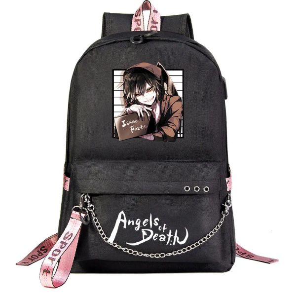 Sacs Anime Angel Death Sac à dos Sacs scolaires Travel Boys Garçons Girls Ordinage portable USB Port Daily Mochila