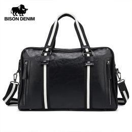 Bolsas Bison Denim Cuero bolsa de viaje de gran capacidad Bolsas de ejercicios de lona bolsos para el hombro de los hombres