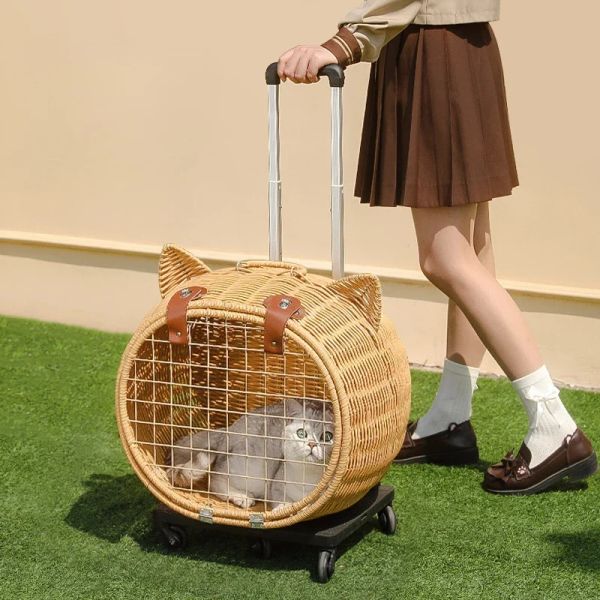 Sacs Sac à chat respirant, caisse portable pour animaux de compagnie, sac fourre-tout pour chien avec chariot, cage chat tissée à la main, bagages de compagnie légers, style vintage