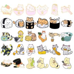 Bolsas dibujos animados lindo gato broche gato comer pescado sushi fideos gato animal de animal accesorios de ropa de mochila