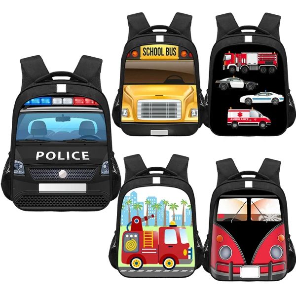 Sacs Cartoon Police Car Fire Engine Print Backpack Bus scolaire Bus Sacs Sacs Boys Filles de maternelle Sac Étudiant Bookbags Gift