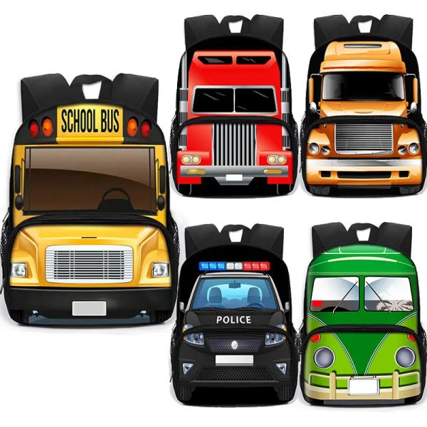 Sacs Cartoon Police Car School Bus Bus Print Backpack for Teenagers Excavator Truck Children Daypack Mindergarten Sacs Spect