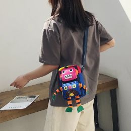 Bolsas Bolso de hombro casual Versión coreana Girl Mini Canvas Robot Funny Robot Purso Funny Kawaii Contrast Color Crossbody Bag 2022 caliente