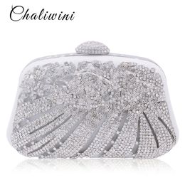 Tassen Chaliwini Metallic Hollow Out Crystal Floral Women Evening Clutch Bag Bridal Wedding Strijntonen Knucklebox Purse Handtas