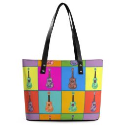 Tassen kleurrijke muziek handtassen pop ukelele kunst tophandle tas tas nieuwheid pu lederen schoudertas dames reizen aangepaste strandzakken