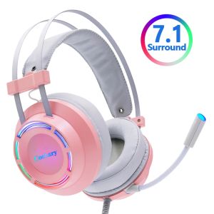 Tassen Cosbary Pink Hoofdtelefoon 7.1 Gaming -headset bedraad met microfoon professionele gamer surround sound RGB -licht voor pc -computer PS4