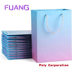 Tassen Aangepast aangepast Logo Drukblauw roze gradiënt kleurverpakking papier cadeauzakken winkelzak kartonnen tas