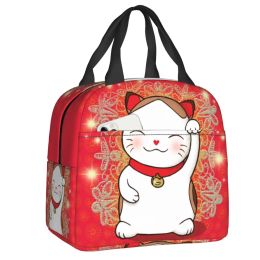 Bolsas lindas maneki neko ondeando almuerzo aislado bolso para mujeres japonesa de gato afortunado resumen fresco térmico bento caja de campamento viajar