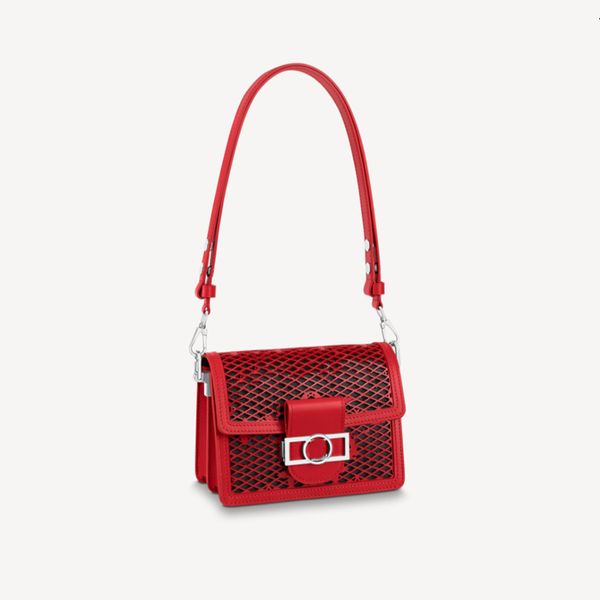 Bolsas diseñadora explosiva mini dauphine m20359 Patente de hombro rojo de piel de ternero transparente encaje de cuero firma abierta emblemática