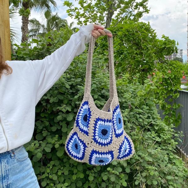 Sacs mal œil assortie sac Granny Square Blue Match Hollow Out Hands Sacs Tricoted Patchwork Bohemian Mignon Purse For Women Handmade Gift