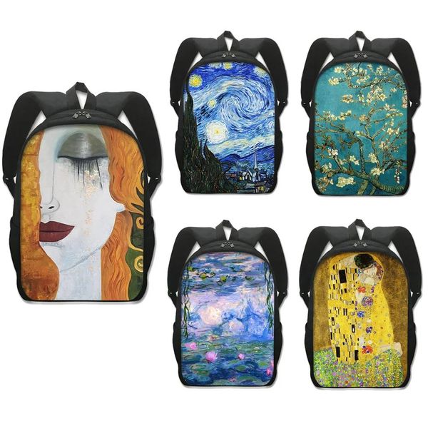 Sacs célèbres peinture à l'huile larmes embrassent les lys de l'eau étoilés nocturne sac à dos Gustav klimt claude monet van gogh school schol sac de jour pack