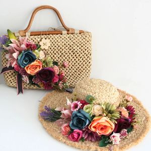 Sacs Fashion Flower Rattan Straw Beach Sac Hat Suit Multicolor Flower Tophandle Handle pour femmes Summer Vacation Holiday Photot