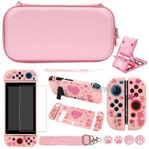 Sacs pour Nintendo Switch, sacoche de transport 10 en 1, Kit d'accessoires de jeu, étui de protection en TPU rose Sakura, Film en verre + baguettes + support