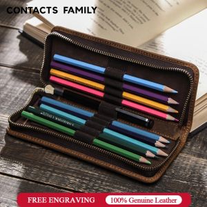 Tassen Echte koe lederen zipper pen zakje potloodzak pen zak retro potlood kast school stationery tas voor fontein pen eenvoudige stijl