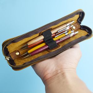 Sacs faits à la main à crayon en cuir authentique Zipper Nature Cowhide Pen Protection Sac Holder Pouch School Supplies Office Paperierie