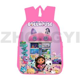 Sacs Hot 3D Anime Gabbys Dollhouse Backpack Femmes Adolescents Sac à école 12/16 pouces Bookbag Children Pink Cartoon Daily Pack Student