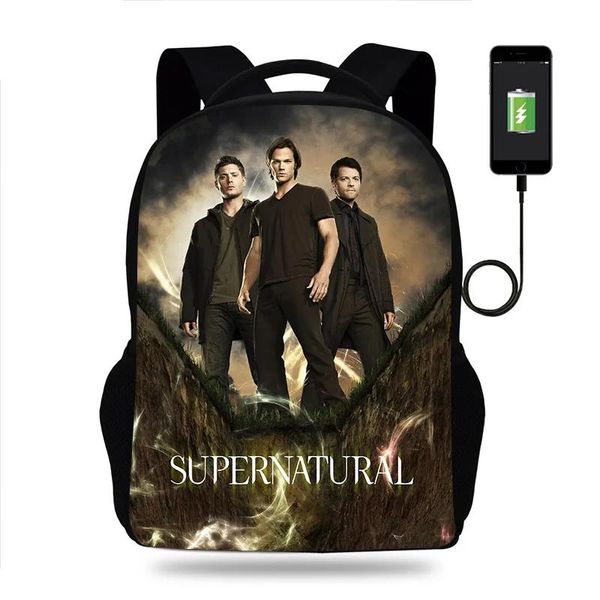 Bolsas Hot Supernatural mochila para niñas Bolsas escolares niños adolescentes USB Cargo de viajes diarios mochila para hombres mochila mochila