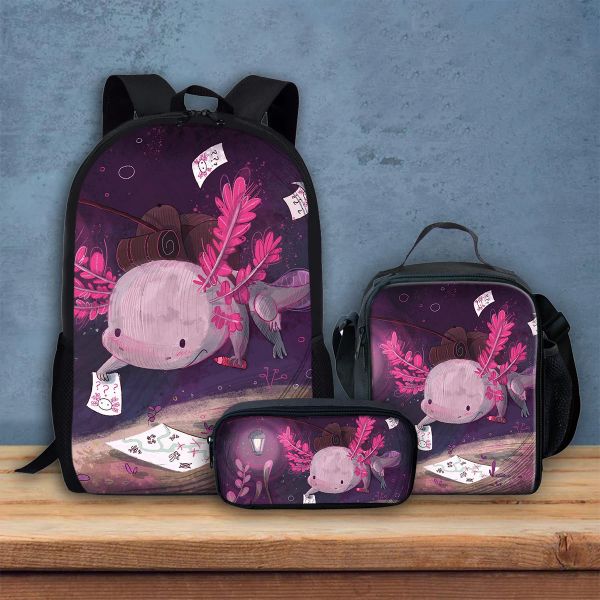 Sacs Instantarts Axolotl Cartoon Backpack for Girls Big Storage School Sac pour les élèves du primaire Bag du livre pour enfants Mochila Hombre