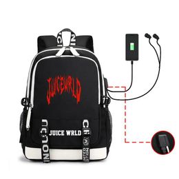 Sacs Juice Wrld Sac à dos imprimé pour hommes et femmes Sac à école USB Charge Headset Hole Sac à dos Fashion Zipper Sacs souples