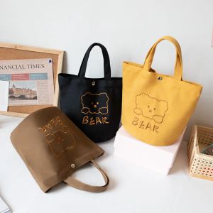 Tassen Koreaanse stijl dames meisjes schattig canvas lunchbox tas borduurwerk beren patroon maaltijd prep tas dames snack tas kleine emmer portemonnee